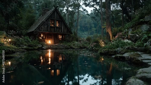 Tranquil forest cottage by a serene pond at dusk