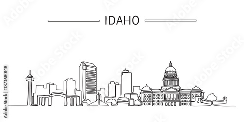 Photos Idaho state skyline featuring Boise capitol building and city illustrated in a continuous one line drawing style