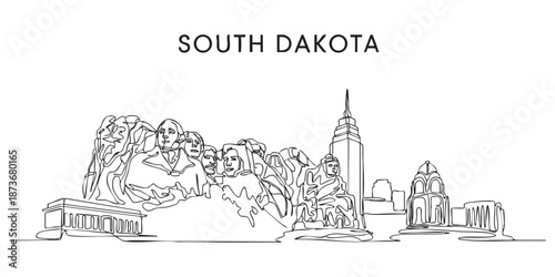 South Dakota state skyline featuring Mount Rushmore National Memorial illustrated in a continuous one line drawing style.