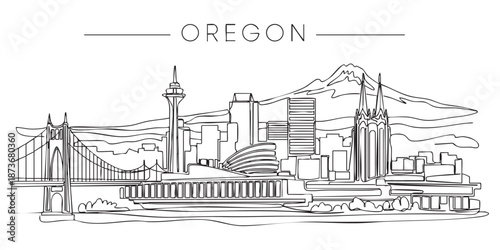 Oregon state skyline featuring Portland city buildings and Mount Hood illustrated in a continuous one line drawing style.