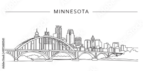 Minnesota state skyline featuring Minneapolis bridge and buildings illustrated in a continuous one line drawing style.