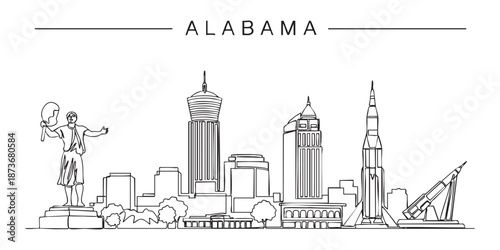 Alabama state skyline with Vulcan statue and space rocket illustrated in a continuous one line drawing style.