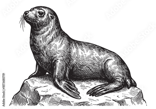 Sea lion sitting on a rock Vintage Engraving Style Illustration