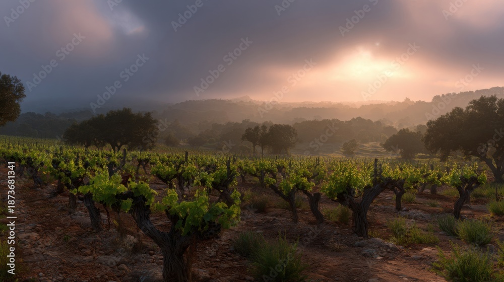 Fototapeta premium Golden sunset illuminates a misty vineyard landscape with rows of growing grape vines