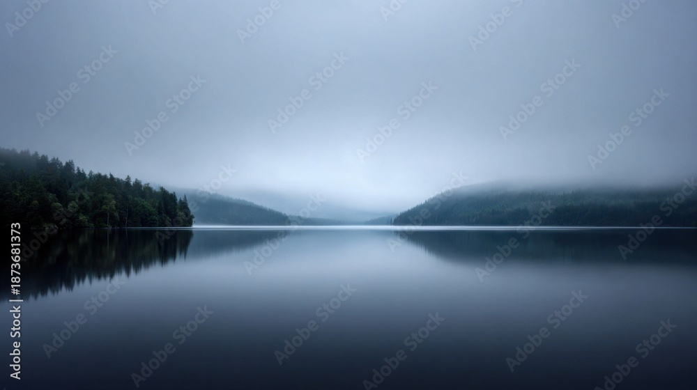Fototapeta premium Misty lake reflecting a blurred sky and distant mountains creating a serene, tranquil atmosphere.