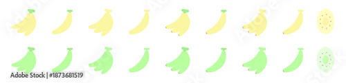 バナナとキウイのイラストセット 房・1本・断面 パステルカラー イエロー グリーン