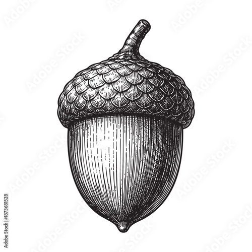 Oak Tree Acorn Hand Drawn Vintage Engraving Style Illustration