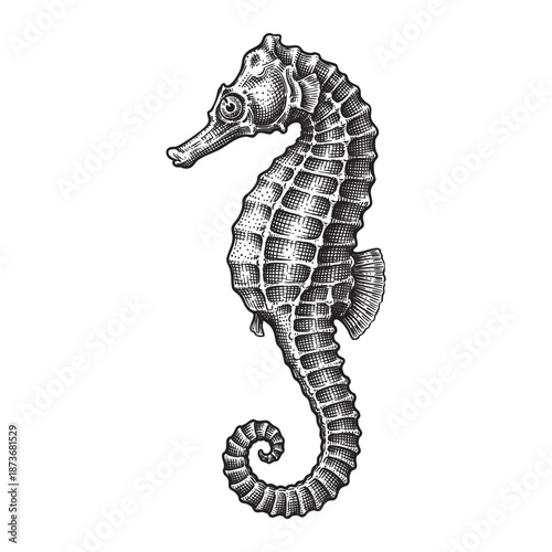 Seahorse Hand Drawn Vintage Engraving Style Illustration