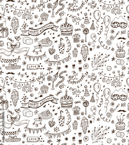 Happy Birthday. Vector seamless pattern of Doodles Birthday Party elements. Celebratory attributes background. Black and white Hand Drawn Doodles background