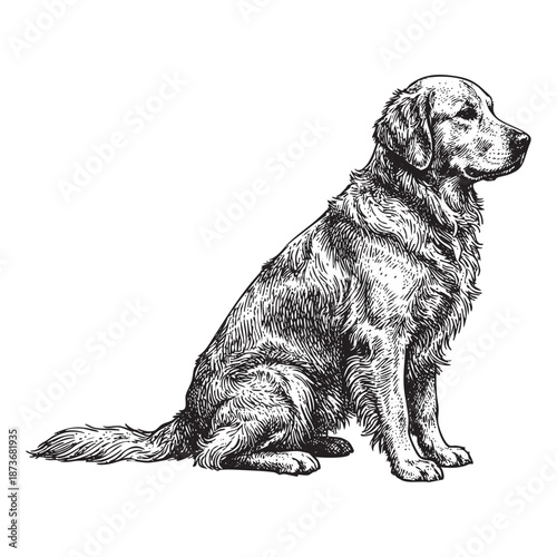Sitting Golden Retriever Dog engraving illustration