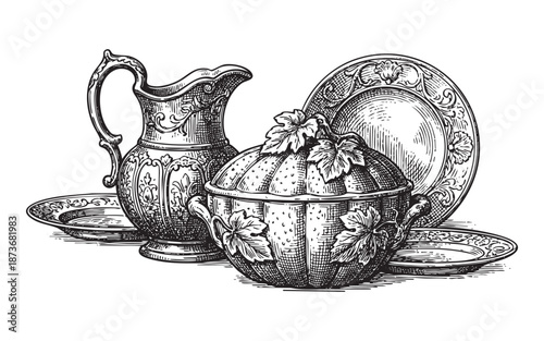Antique ornate silver tureen with lid, matching pitcher, and serving plates illustration in vintage engraving style.