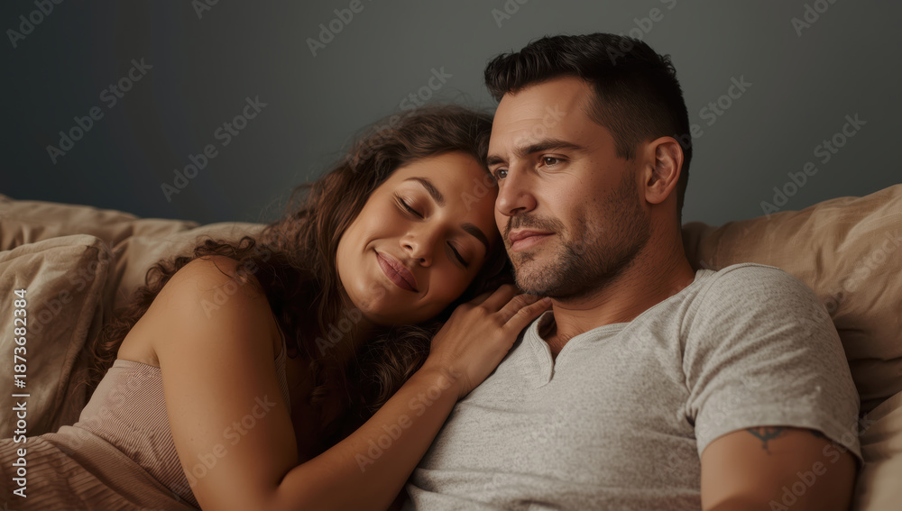 Obraz premium Romantic couple relaxing on couch, cozy domestic portrait, warm intimate mood
