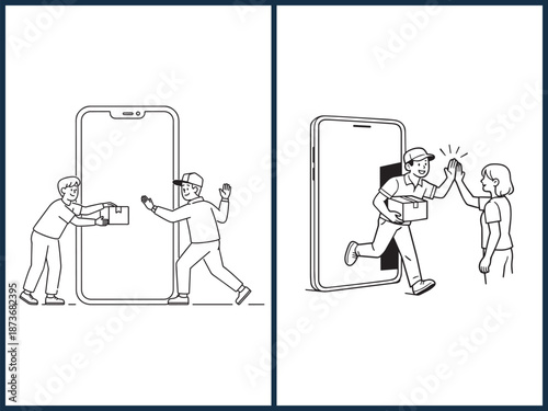 Online Delivery via Smartphone – Line Art Courier Illustration Set