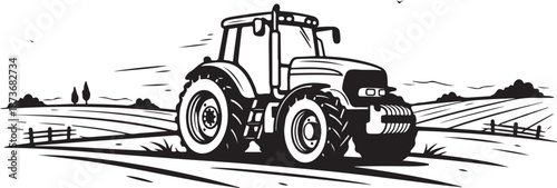 Tractor driving through a rural landscape with fence lines