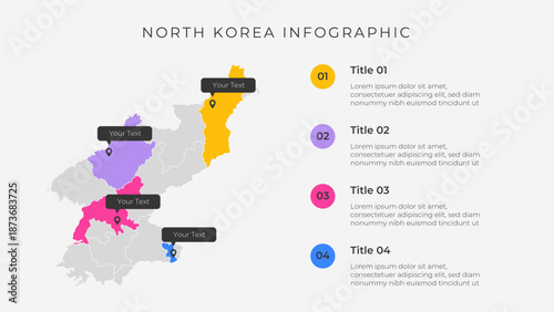 North Korea map infographic template with 4 options. North Korea administrative map infographic for presentation.