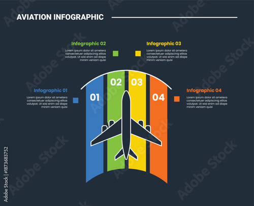 aviation infographic process diagram with with big plane top direction with rainbow color background on half circle cut dark background bright outline style 4 points