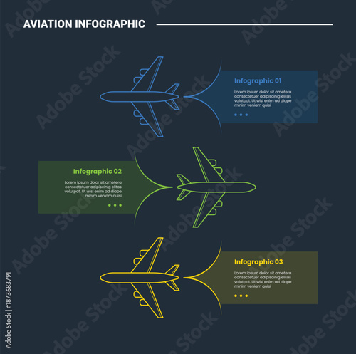 aviation infographic process diagram with small plane view top stacked vertical opposite direction with dark background bright outline style 3 points