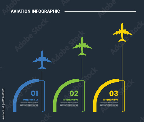 aviation infographic process diagram with quarter circle with plane flying top direction with dark background bright outline style 3 points