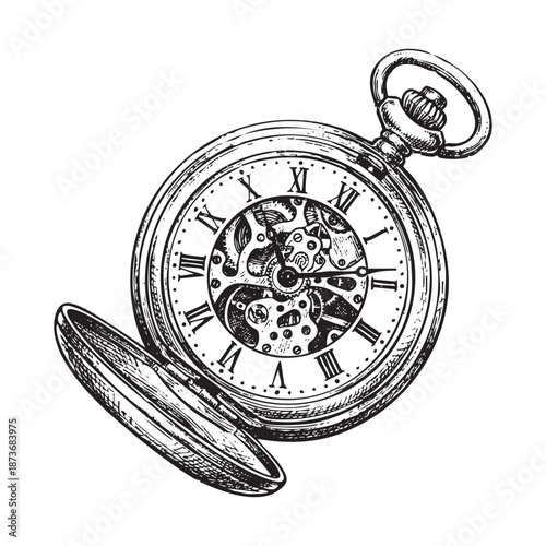 Pocket Watch with Visible Gears and Roman Numerals engraving vector illustration