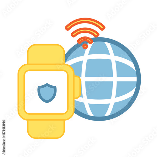 Smartwatch with a shield and globe representing wearable security and global tracking