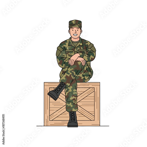 Smiling Soldier Sitting on Wooden Crate, Military Uniform, Camouflage, White Background