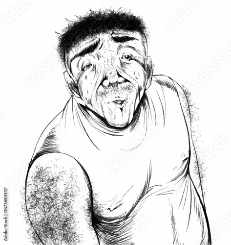 投げキッスをする中年男性のモノクロイラスト 唇を突き出したおじさんのコミカルな表情