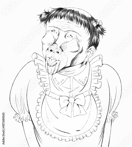 メイド服を着て舌を出す中年男性のモノクロイラスト 女装したおじさんのコミカルな描写