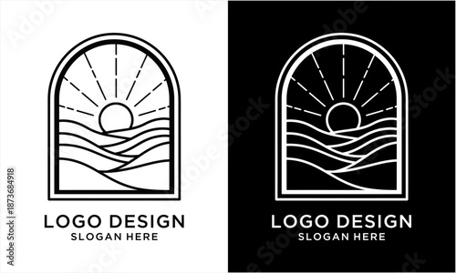 Bilde på lerret Minimalist Line Art Logo Design Featuring Sun and Waves in Arch Frame