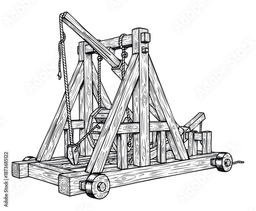 Ancient trebuchet siege engine crafted from wood and ropes on wheels, suitable for historical textbooks, educational resources, medieval game assets, and themed designs.