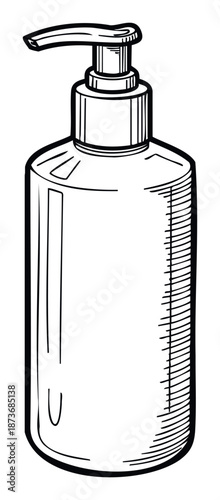 Handdrawn pump bottle for liquid soap or sanitizer, perfect for health and hygiene product packaging concepts or household item branding visuals.