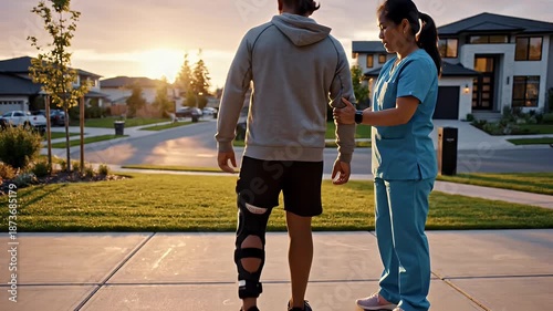 Physical therapy session with a nurse helping a man with a knee brace.