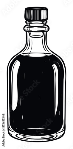 A classic black and white engraved bottle graphic representing traditional spirits or liquid containers perfect for beverage branding or vintage product packaging design projects.