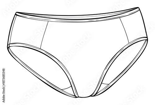 Technical flat sketch of womens high waisted briefs providing a versatile template for apparel creation and clothing production presentations.