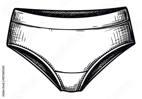 Monochrome hand drawn sketch of womens comfortable brief underwear, featuring subtle texture on the waistband and leg openings, suitable for intimate apparel collections, clothing retail,