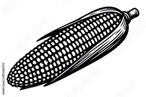 Stylized black and white corn cob visual for agricultural business branding, healthy food packaging, farmtotable restaurant menus, or cooking recipe publications.