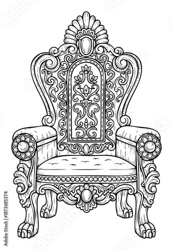 Vintage ornate royal throne or chair featuring intricate baroque style carvings and elegant details for historical, luxury, or fairy tale themed projects