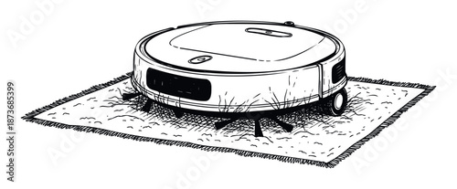 Robotic vacuum cleaner with spinning brushes actively cleaning a textured floor rug, demonstrating modern home automation for domestic tidiness and convenient chore execution.