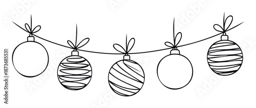 A festive string of five varied Christmas tree ornaments hanging on a line, perfect for holiday greetings, party invitations, or seasonal event promotions.