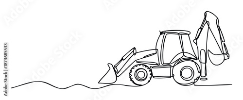 Continuous line drawing depicting a backhoe loader, a heavy construction vehicle with an excavator arm and front shovel, perfect for engineering firm branding, building project