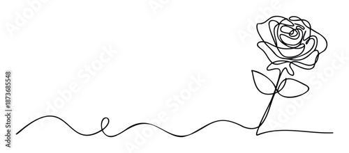 Abstract single line depiction of a blooming rose blossom with graceful leaves and stem, ideal for modern website headers, invitation designs, or romantic wall decor.