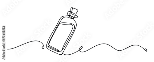 A simple continuous line drawing of a sleek glass bottle with a cork on a dynamic wavy flowing line, perfect for packaging concepts, beverage industry presentations, or minimalist product