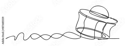 Elegant single line drawing illustrating a floppy sun hat connected to a fluid wavy form, ideal for travel agency advertising, beach themed designs, or modern lifestyle blogs.