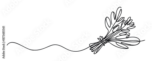 Minimalist continuous line drawing depicting a tied bundle of fresh greenery, suitable for organic product labels, botanical inspired decor, or modern packaging designs.