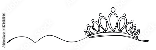 Elegant continuous line art drawing of a royal crown for wedding invitations, princess party decor, sophisticated branding, and luxurious event celebrations.