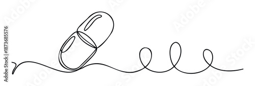 Continuous line drawing of a single medical capsule pill connected to an extended wavy line, symbolizing health, wellness, and medical treatment for pharmaceutical industry visuals