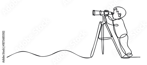 Curious child looking through a telescope on a tripod in a continuous line drawing, ideal for illustrating themes of discovery, science, and future exploration in educational materials.