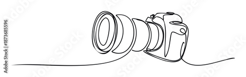 Sleek continuous single line drawing of a professional camera and attached lens representing photography passion and visual storytelling ideal for digital marketing and creative projects