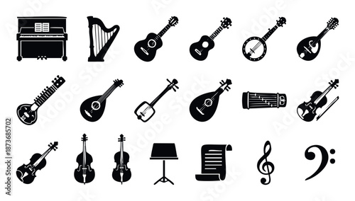 Diverse musical instruments and notation symbols presented as sleek vector icons for music education resources, graphic design projects, and sound industry applications