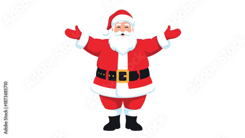 Jolly Santa Claus in his traditional red suit and hat with open arms welcoming everyone for the Christmas holiday.