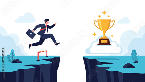 Determined businessman in a suit jumping over a hurdle to reach a golden trophy on a cliff representing success.